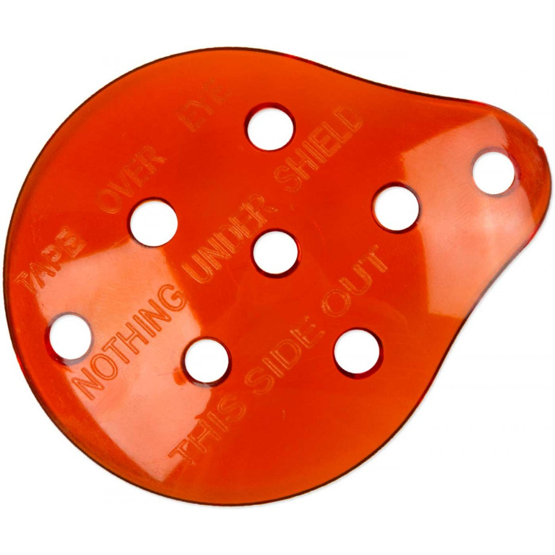 Bright orange polycarbonate eye shield with ventilation holes and embossed text indicating front and back.