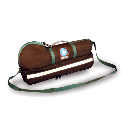 Brown and green shoulder carry case with reflective strip and Conterra medical logo, designed for airway management.