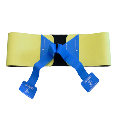 Prometheus Pelvic Splint laid flat, showing bright yellow support band and blue securing straps.