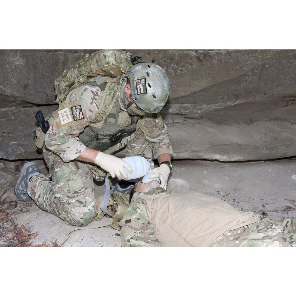 Pocket BVM in use on a simulation manikin during field training exercise. Used to deliver rescue breaths in respiratory emergencies. TacMed Australia – critical airway device for tactical and EMS use.