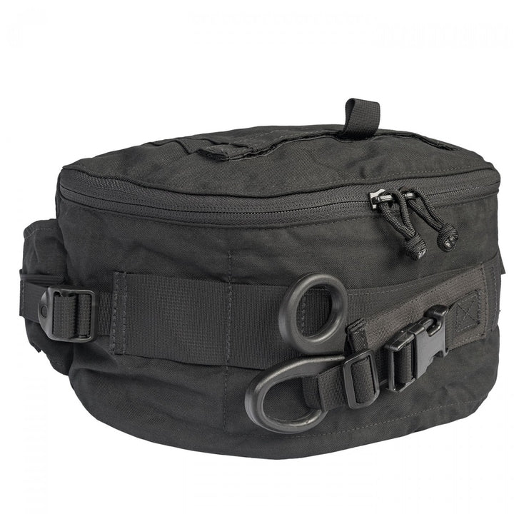 Side view of the closed TacMed trauma kit, showcasing dual retention rings and MOLLE-compatible straps.