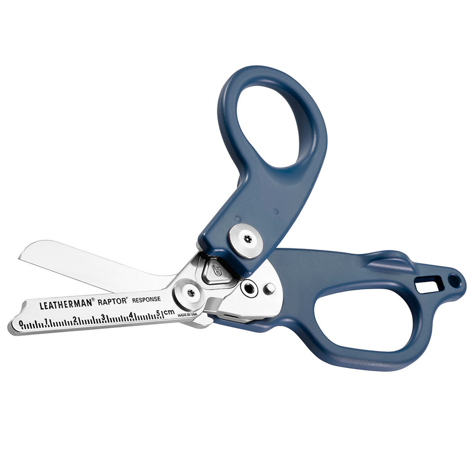 Leatherman Raptor Response trauma shears in blue with stainless steel blade extended.