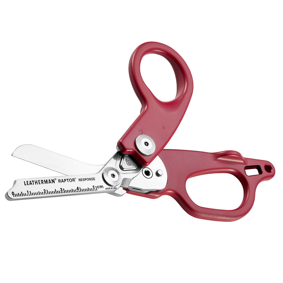 Leatherman Raptor Response trauma shears in red with partially open blades and integrated ruler.