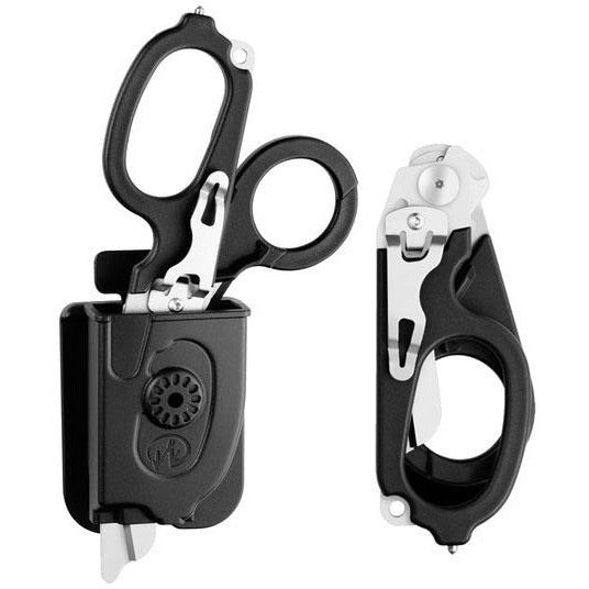 Leatherman Raptor multitool with black handle shown alongside clip-in holster. Built for carry and quick access. TacMed Australia – tactical-grade shears for trauma kits.