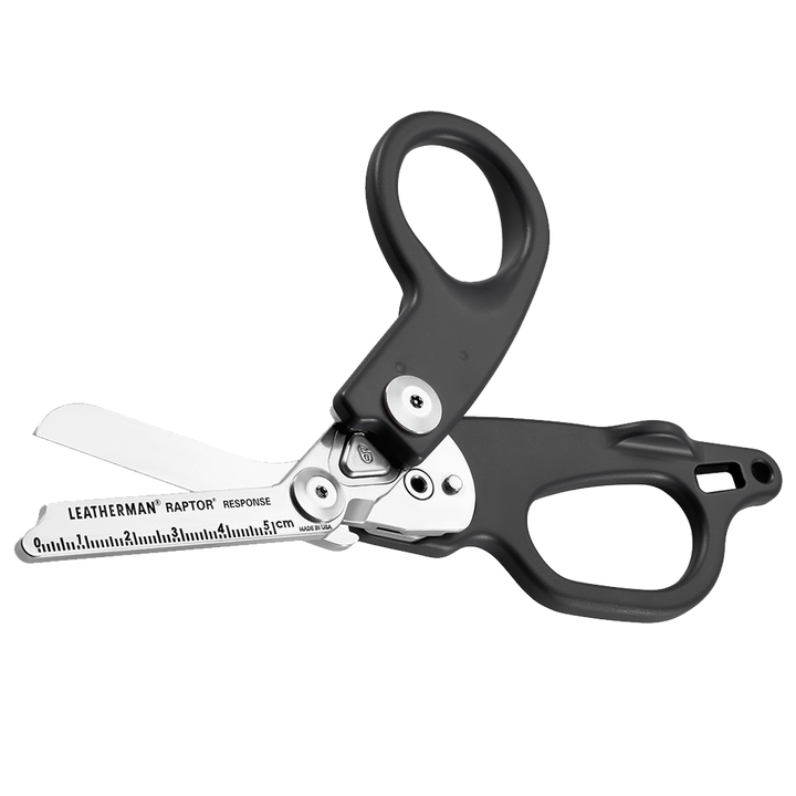 Leatherman Raptor Response trauma shears in black with ruler edge visible on the stainless blade.