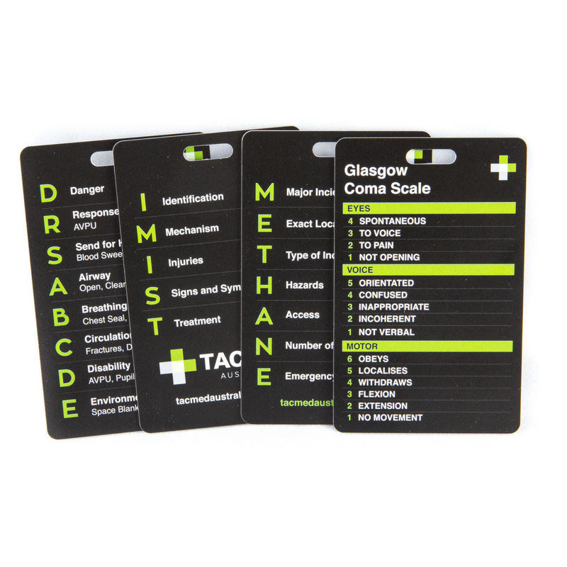 TacMed Wallet Reference Cards set featuring DRABCDE, METHANE, Glasgow Coma Scale, and treatment protocols. Designed for quick access to critical trauma care reference. TacMed Australia – essential field tool for paramedics and first responders.
