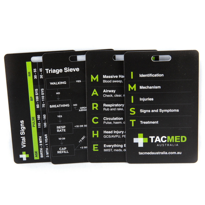 TacMed reference cards fanned out, showing triage sieve and trauma protocols. Designed for compact, rapid guidance during high-stress medical scenarios. TacMed Australia – trusted reference for frontline medics.