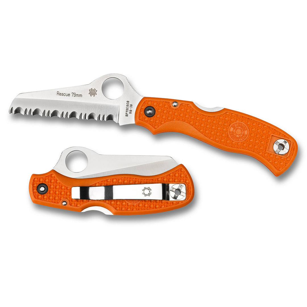 Spyderco Rescue 79mm folding knife with serrated blade fully open, showing textured orange handle and thumb hole.