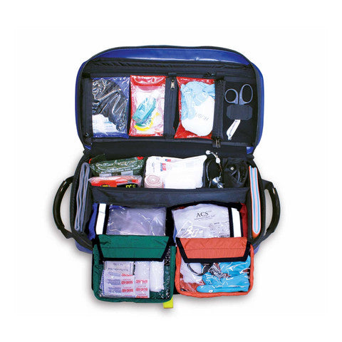 Fully opened Responder Pro bag displaying labelled internal pouches and mesh pockets.