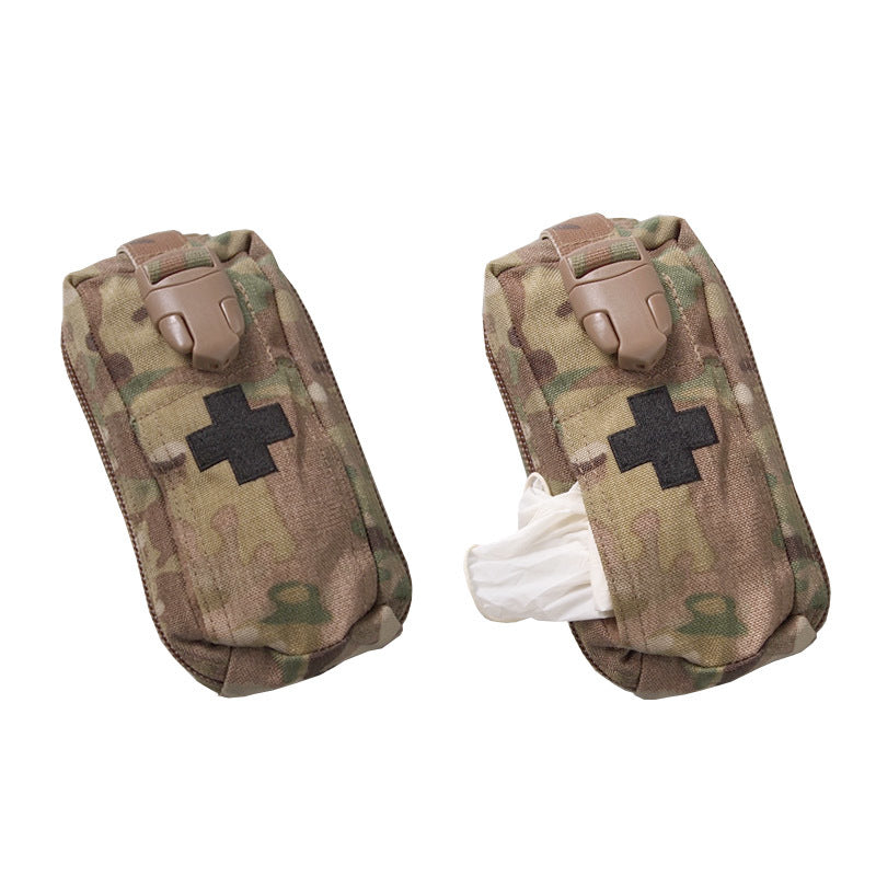 Two pouches side by side, one partially open showing white gauze being pulled out.