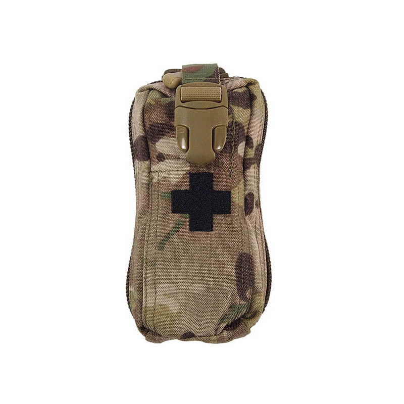Front view of the SORD Small IFAK pouch in Multicam with black cross patch and quick-release buckle.