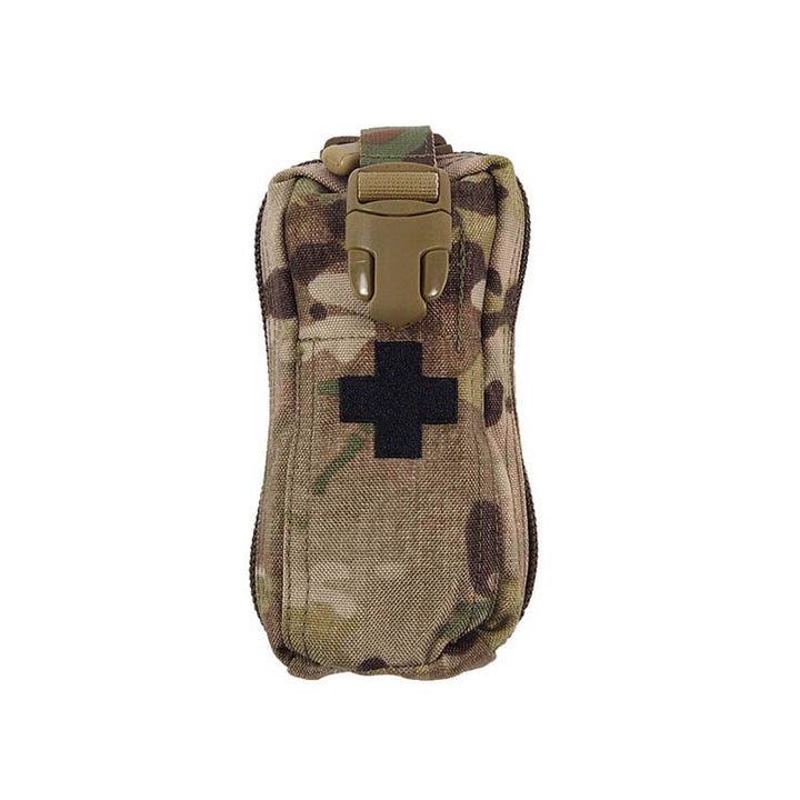 Front view of the SORD Small IFAK pouch in Multicam with black cross patch and quick-release buckle.