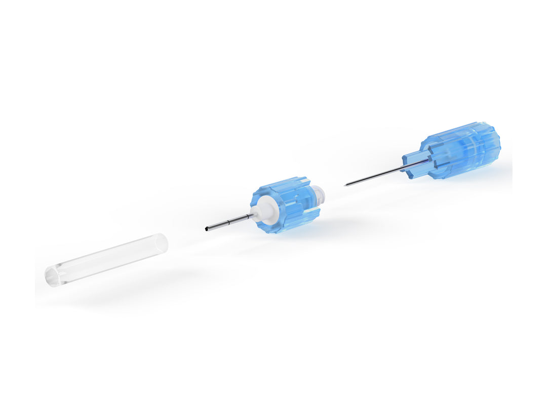 Three SAM IO intraosseous needle components displayed: protective cap, needle hub with safety lock, and exposed sterile needle tip.