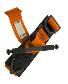 Close-up of an orange SOFTT-W tourniquet with black windlass and buckle.
