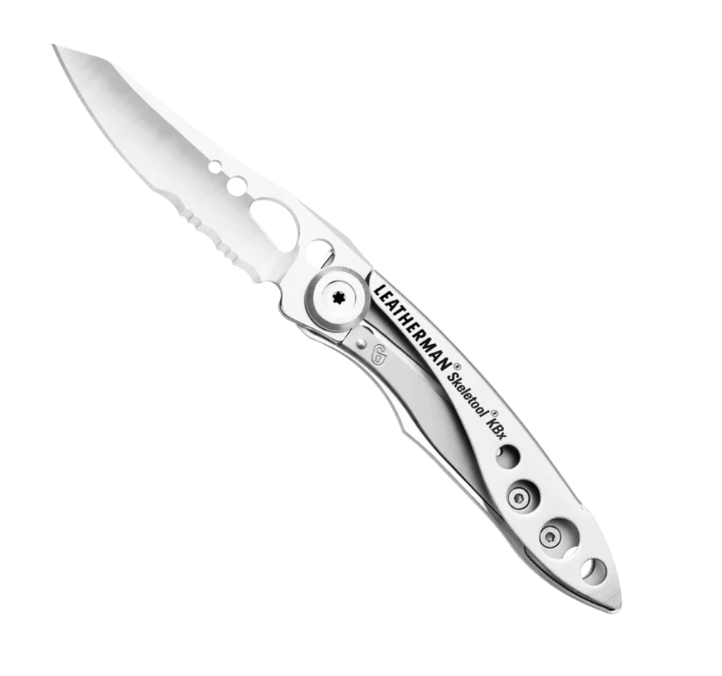 Leatherman Skeletool KBx folding knife with partially serrated blade extended.