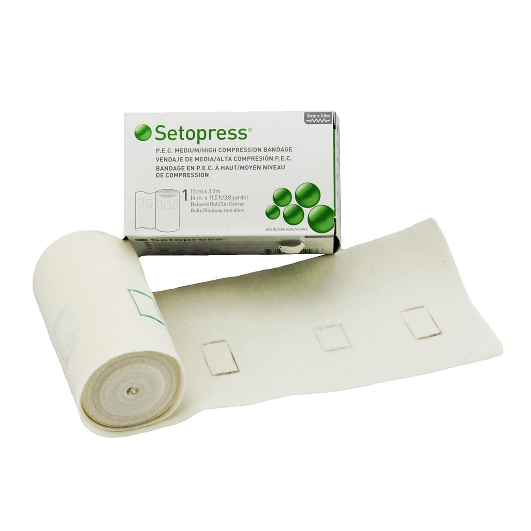 Setopress High Compression Bandage shown with packaging and partially unrolled bandage. Ideal for treating venous leg ulcers and controlling edema. TacMed Australia – clinical-grade compression wrap with visual indicators.