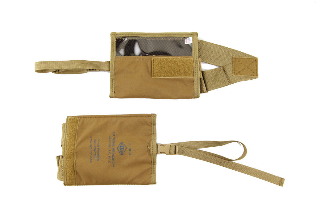 Combat IV Pak 500cc in coyote brown, shown open with contents visible and closed with securing strap extended.