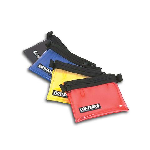 Three small Conterra organiser pouches in red, yellow, and blue with black zippers, layered on a grey background.