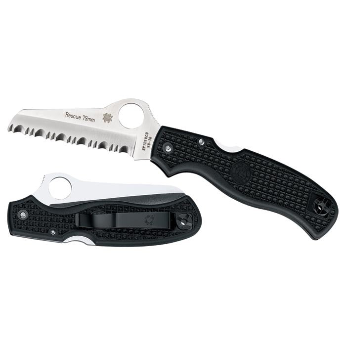 Spyderco Rescue 79mm folding knife with serrated blade fully open, showing textured black handle and thumb hole.