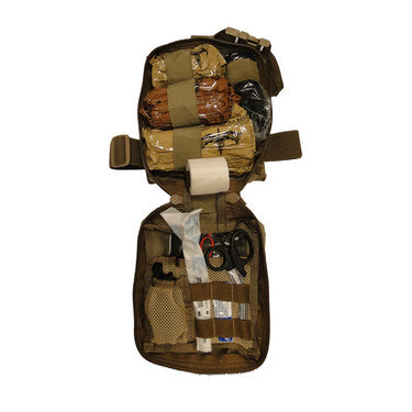 Drop leg pouch fully opened, displaying trauma supplies neatly arranged in internal mesh compartments.