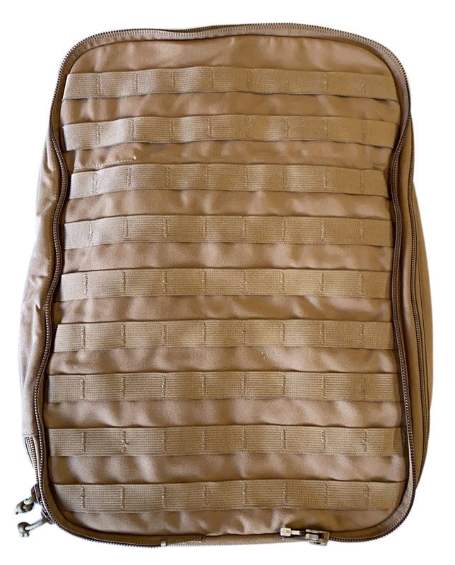 Coyote brown tactical backpack front panel with MOLLE webbing for modular attachments.