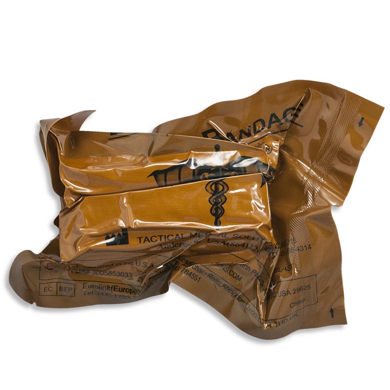 Blast Bandage in vacuum-sealed brown tactical packaging. Designed for treating large wounds, burns, and amputations. TacMed Australia – high-expansion trauma dressing for blast and shrapnel injuries.