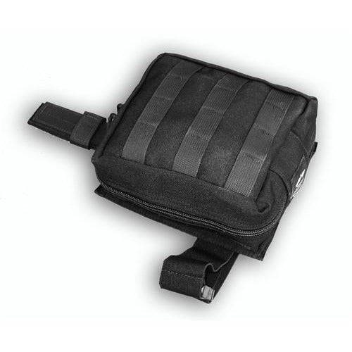 Black drop leg pouch with MOLLE webbing and adjustable straps, designed for tactical medical use.