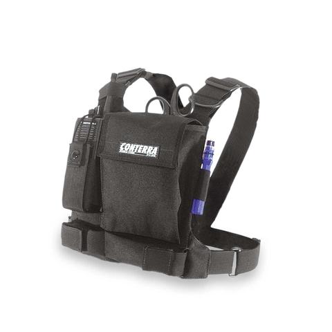 Black Tool Chest Radio Harness showing adjustable straps and secure radio holster setup. Built for comfort, mobility, and comms access in tactical environments.