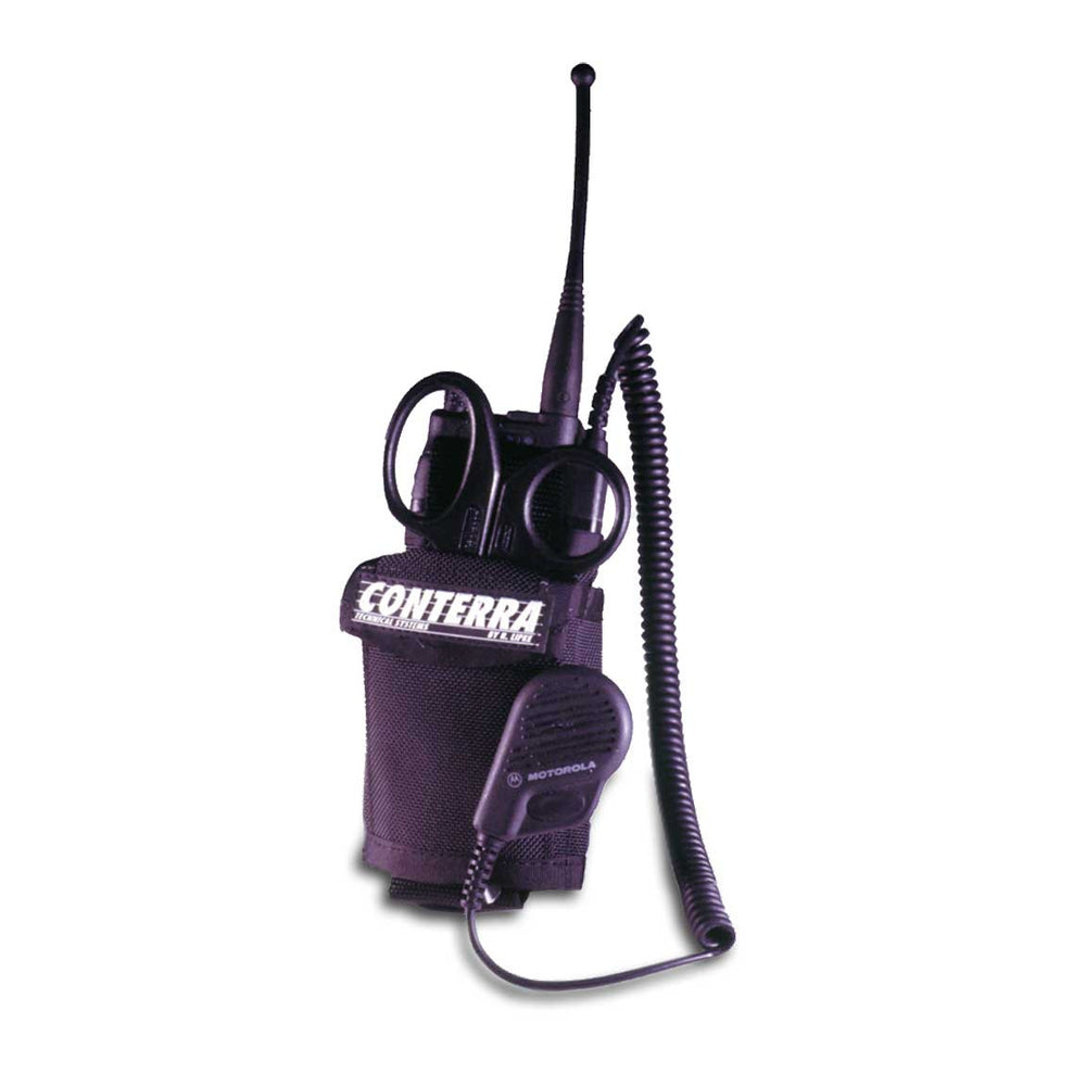 EMS radio holster with inserted radio and trauma shears, side angle view.