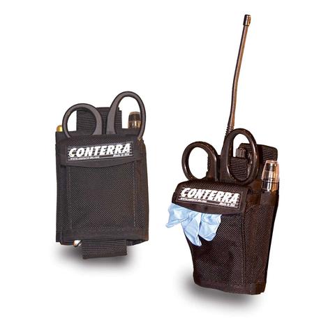 Conterra Trauma Pro 2000 Series EMS Radio Holsters showing multiple compartments with medical shears, gloves, and radio.