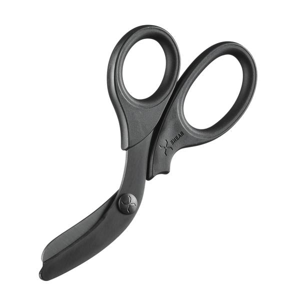 XSHEAR 7.5 inch Trauma Shears with black handle and titanium-coated blade. Heavy-duty design for cutting through clothing, boots, and gear. TacMed Australia – premium trauma scissors for tactical medics and paramedics.