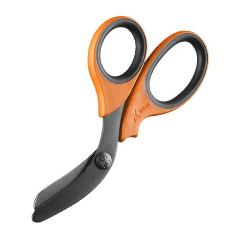 XSHEAR Shears in orange with black blade, shown angled left. Designed for visibility in medical kits. TacMed Australia – rugged shears trusted by rescue professionals.