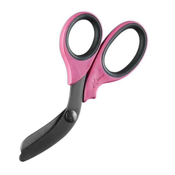XSHEAR Trauma Shears with pink handle and black blades. Built for strength with ergonomic comfort. TacMed Australia – reliable trauma shears in colour-coded options.