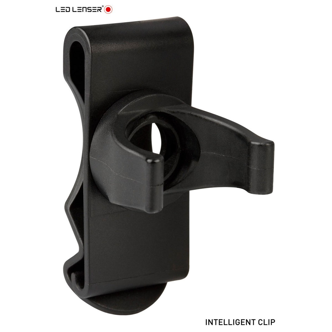 Black LED Lenser Intelligent Clip for torches, featuring a rotating mount and belt attachment.