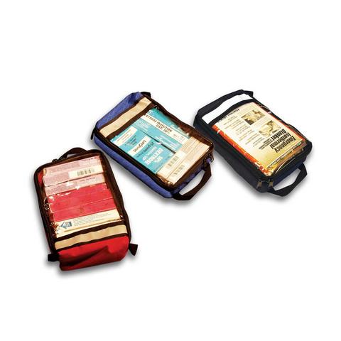 Three Zip Organiser Units in red, blue, and black, each with a transparent top revealing various labelled medical supplies inside.