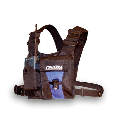 Black and blue Conterra Adjusta-Pro II Radio Chest Harness with shoulder and waist straps, featuring a mounted radio.