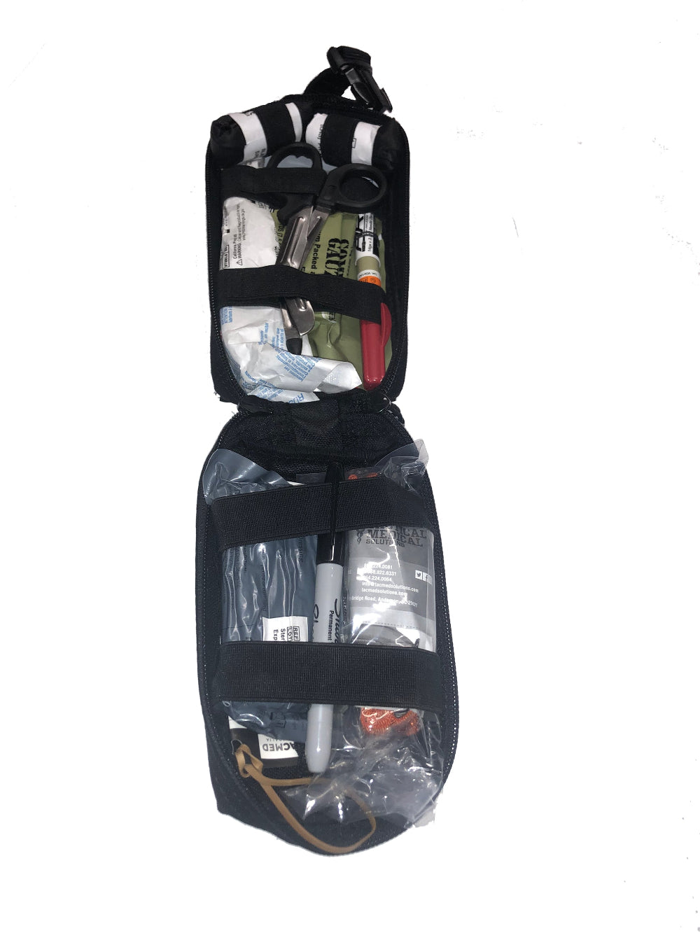 TacMed IFAK fully opened to reveal internal compartments stocked with trauma supplies including gauze, gloves, shears, and bandages. Designed for individual field use. TacMed Australia – compact tactical first aid kit for rapid trauma response.