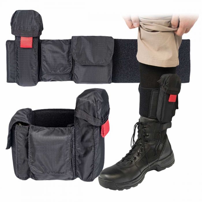 North American Rescue ankle wrap displayed open, wrapped and on a man's leg.