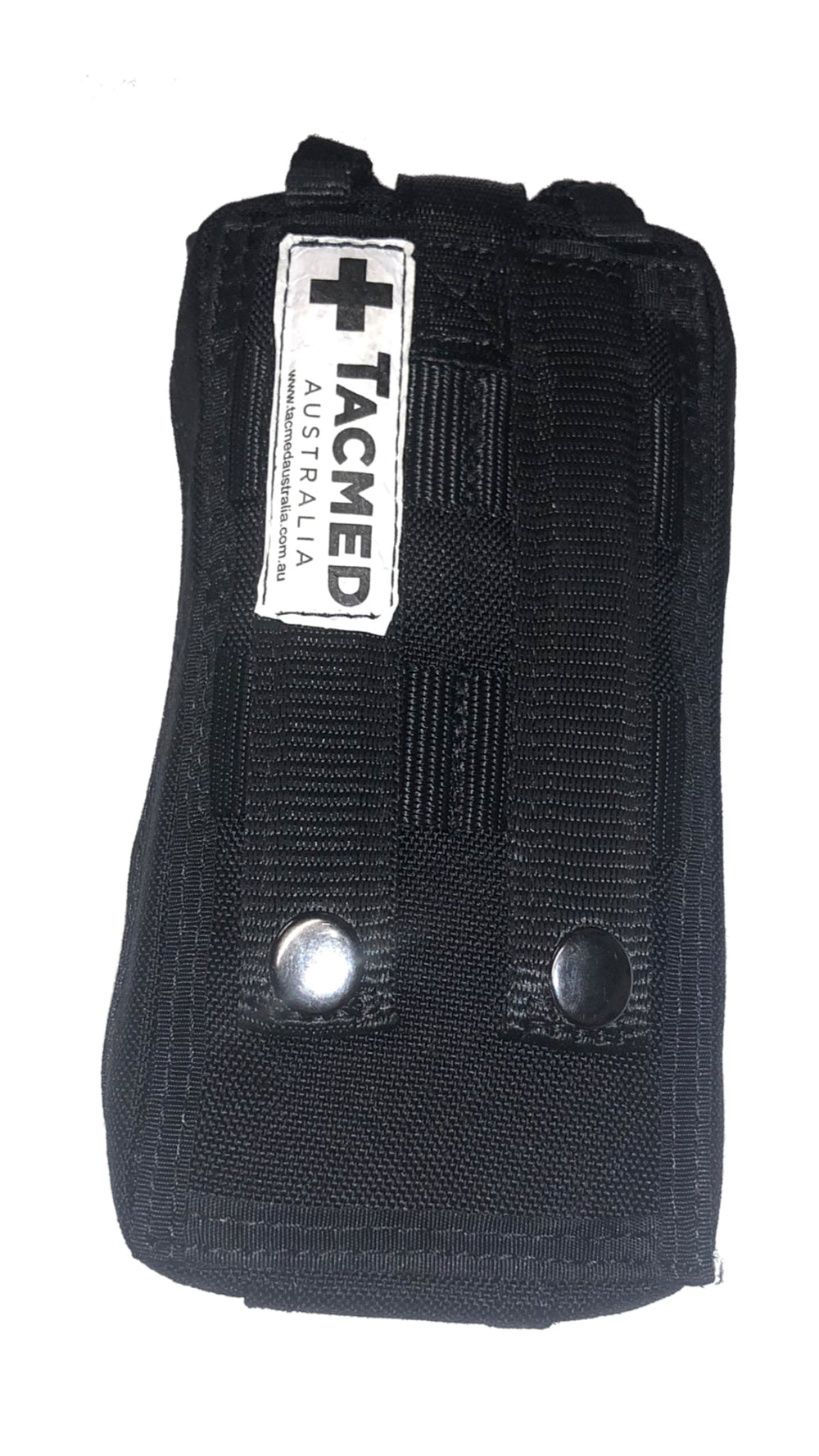 TacMed IFAK in black showing rear MOLLE straps and drainage grommet. Designed for secure attachment to belts or vests. TacMed Australia – rugged, mission-ready medical pouch.