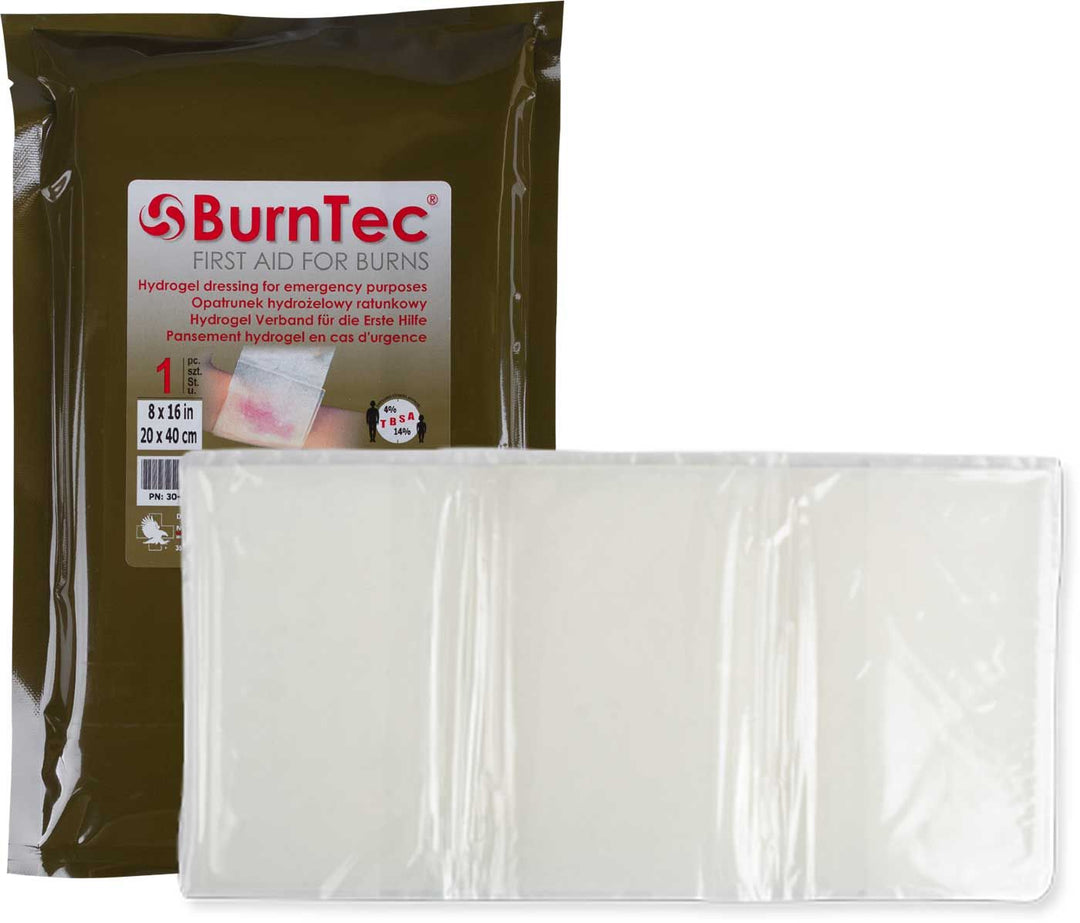 BurnTec hydrogel burn dressing in sealed olive pouch, with dressing partially visible. Designed to cool and protect burns immediately. TacMed Australia – sterile, ready-to-use dressing for thermal injuries.
