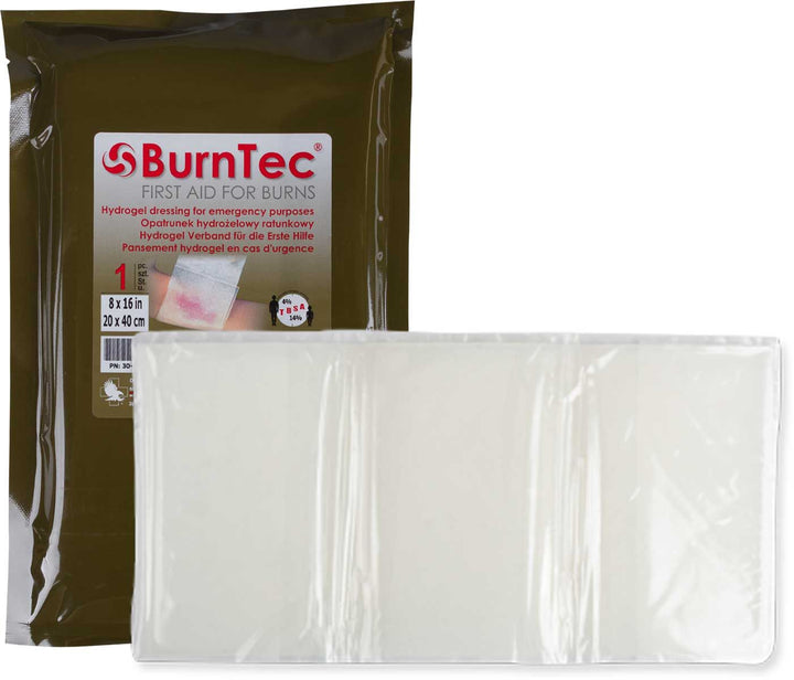 BurnTec hydrogel burn dressing in sealed olive pouch, with dressing partially visible. Designed to cool and protect burns immediately. TacMed Australia – sterile, ready-to-use dressing for thermal injuries.