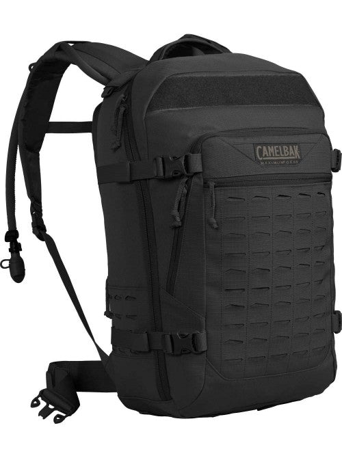 Front view of the CamelBak Motherlode 3L backpack in black, featuring MOLLE webbing and a sleek tactical design.