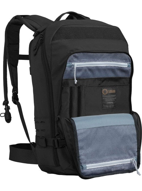CamelBak Motherlode backpack open to reveal organized compartments for gear and hydration setup.