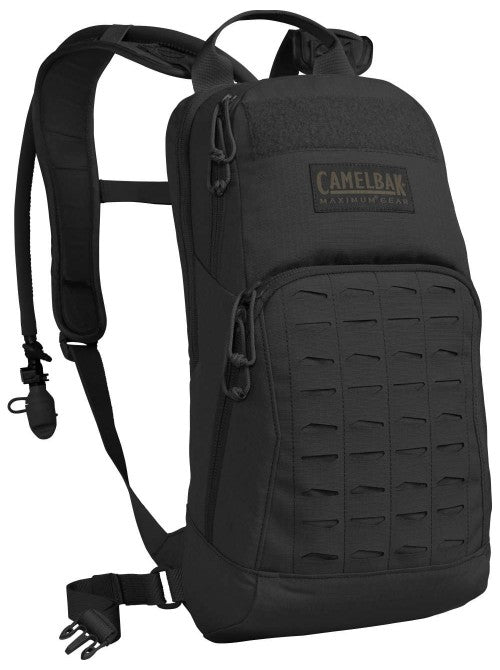 Black CamelBak M.U.L.E. 3L Mil Spec Crux hydration pack with MOLLE webbing on the front panel.