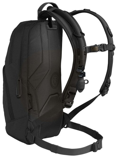 Side view of black CamelBak M.U.L.E. 3L showing ergonomic straps and back panel.