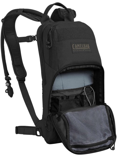 Black CamelBak M.U.L.E. 3L pack with compartments open, revealing internal storage and hydration bladder.