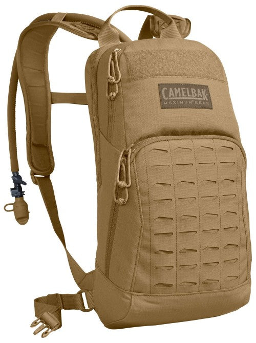Coyote brown CamelBak M.U.L.E. 3L pack front view with MOLLE system.