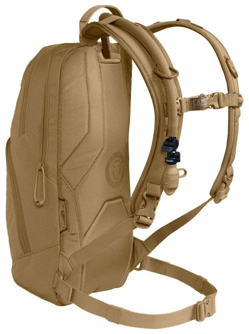 Side view of coyote brown CamelBak M.U.L.E. 3L with streamlined profile and tube routing.