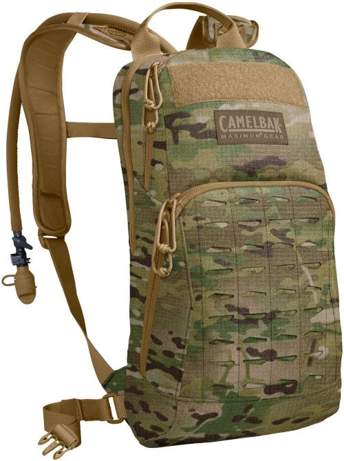 Multicam CamelBak M.U.L.E. 3L pack front view with camouflage pattern and MOLLE webbing.