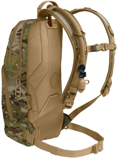 Side view of Multicam CamelBak M.U.L.E. 3L pack highlighting shoulder strap and hydration tube.